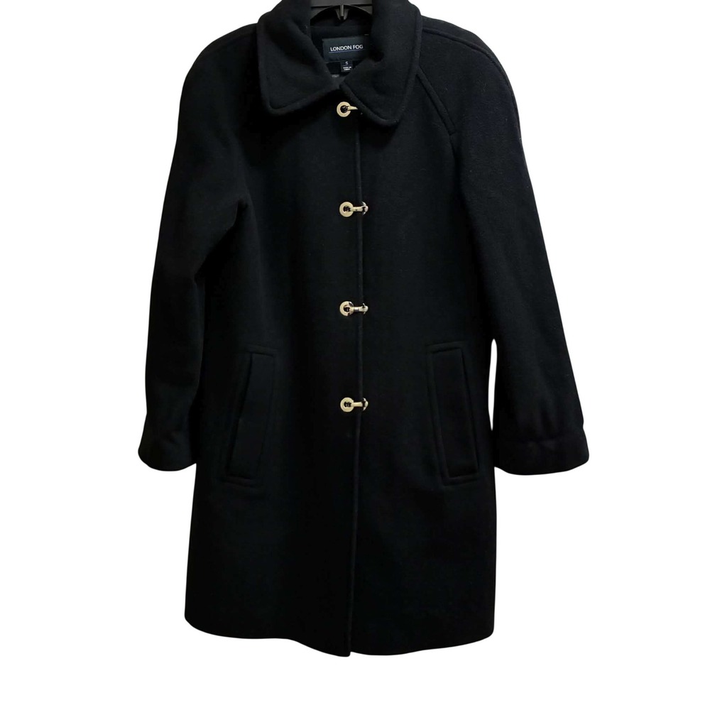 London Fog Long Coat Womens S Black Wool Blend Gold Toggle Lined Winter Classic